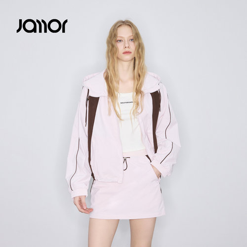 【设计师系列】Jamor加墨时尚休闲粉色拼接工装风上衣外套半身裙