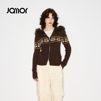 Jamor加墨时尚连帽带毛领费尔岛风毛针织衫开衫毛衣上衣2025冬新