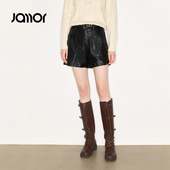 送腰带皮质感短裤 Jamor加墨黑色简约休闲裤 2025秋冬新款