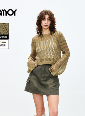 Jamor时尚圆领针织衫2025年春季新款镂空休闲套衫上衣简约减龄