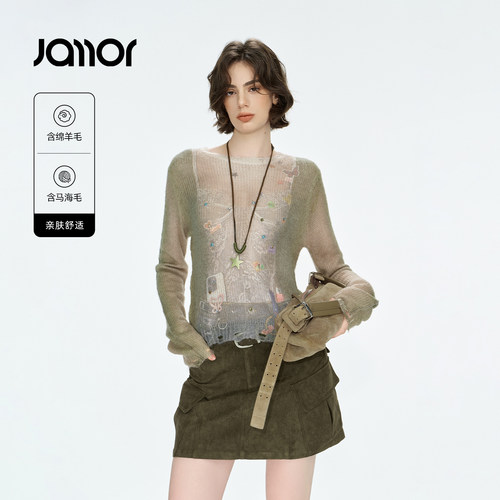 Jamor渐变轻透复古做旧圆领针织衫小众设计感Y2K上衣2026秋冬新款