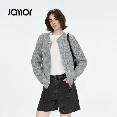 Jamor加墨知识分子风双拉链毛针织衫开衫麻花纹休闲女2026冬新款