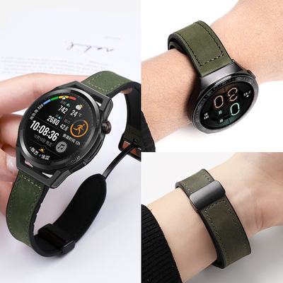 适用于华为手表gt runner表带疯马纹磁吸折叠扣腕带watch GT Runner替换带智能运动手表男女高级时尚配件