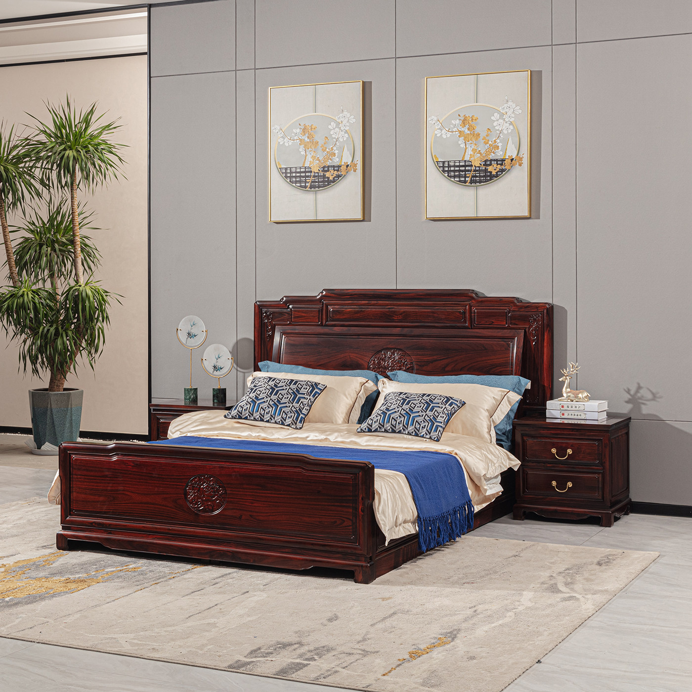 国标红木家具阔叶黄檀大床 印尼黑酸枝新中式古典实木1.8米床卧室