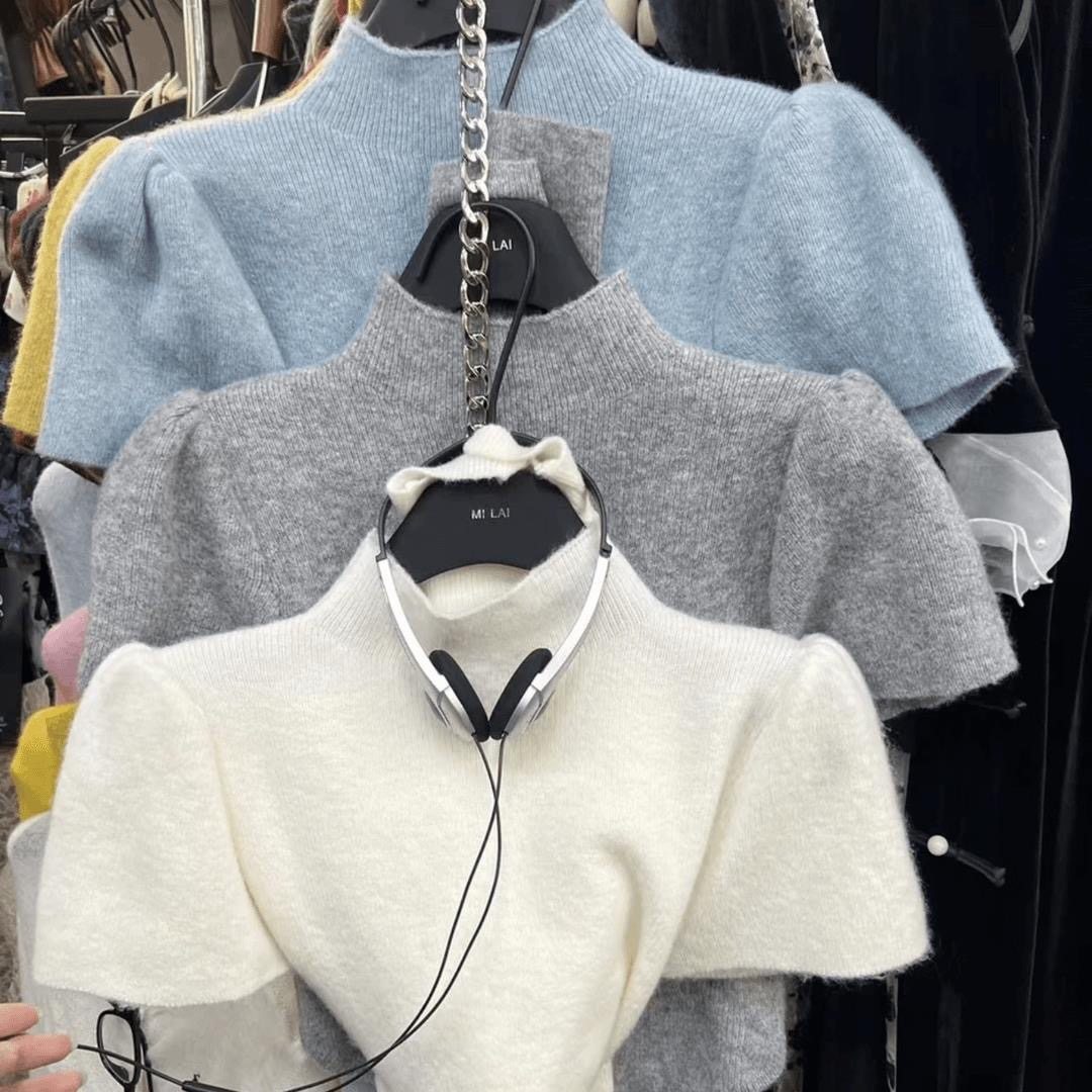 2025秋季新款圆领泡泡袖针织衫女纯色毛衣配袖套气质显瘦短款上衣,女装/女士精品,T恤,淘宝优惠券,粉丝福利购,淘宝优惠卷