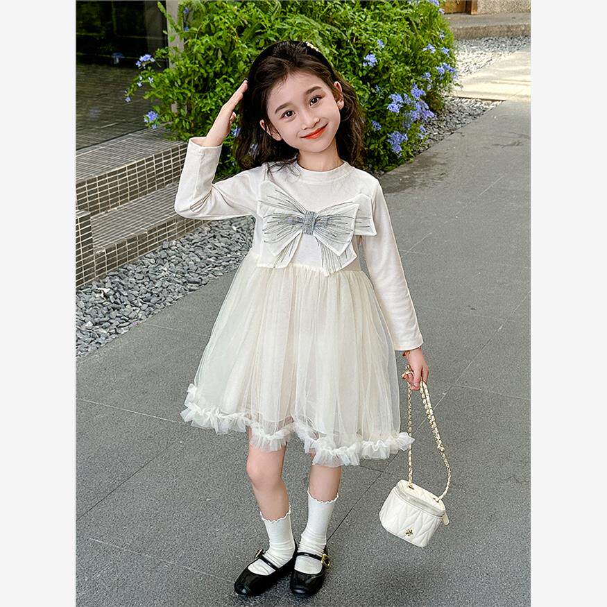 女宝宝长袖蝴蝶结连衣裙2024秋季新款小女孩时髦韩版网纱裙公主裙