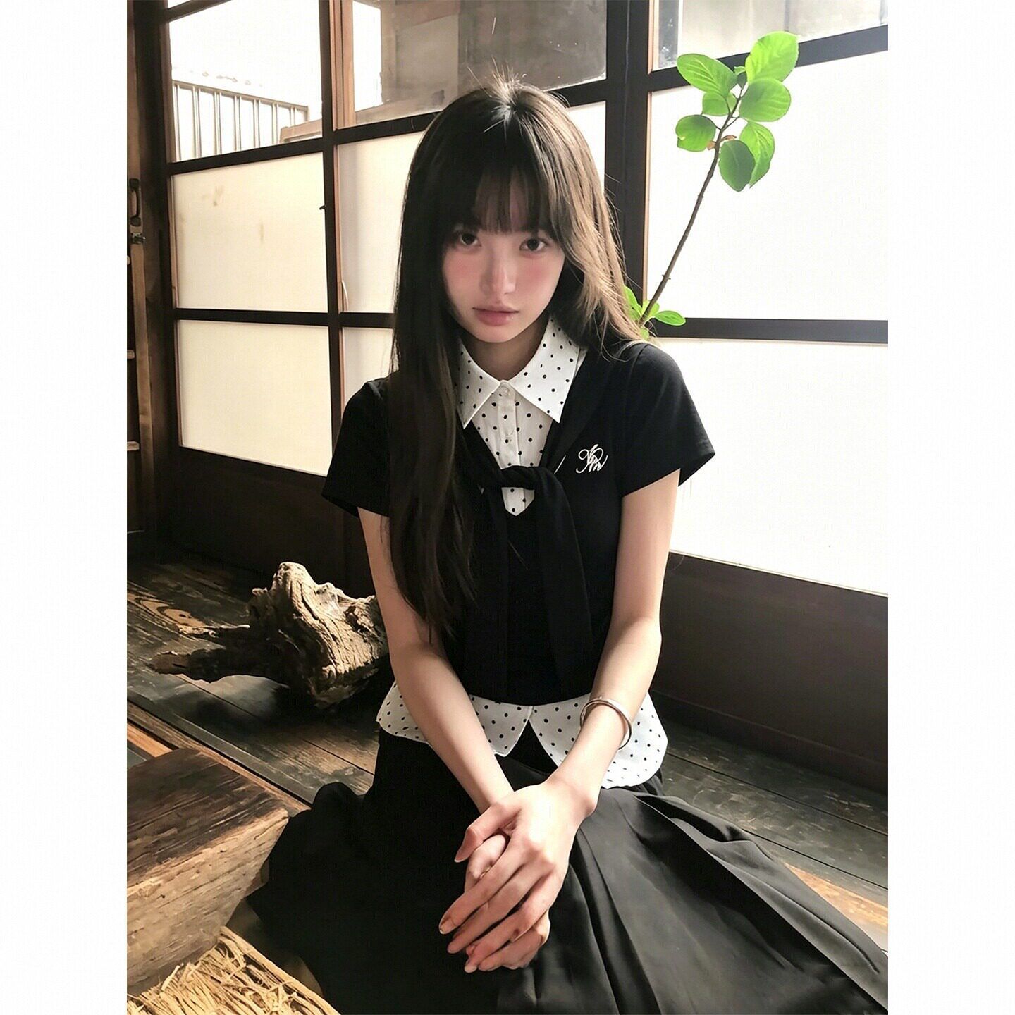 大码韩系假两件短袖t恤女装夏季穿搭波点修身显瘦休闲学院风上衣