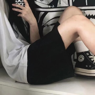 百搭外穿高腰阔腿裤 宽松新款 子夏 女学生韩版 黑色五分休闲运动短裤