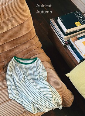 AULDCAT 2024FW 天丝羊毛条纹长袖T  圆领 宽松 绿条纹长袖衫