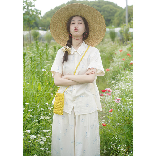 AULDCAT猫咪刺绣套装衬衫阔腿裤