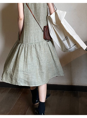 AULDCAT 2023FW 亚麻色织绿格纹吊带连衣裙 吊带背心+阔腿裤 套装