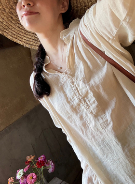 AULDCAT 2025FW 古典 纯棉系带蕾丝长款衬衫裙 复古 显瘦