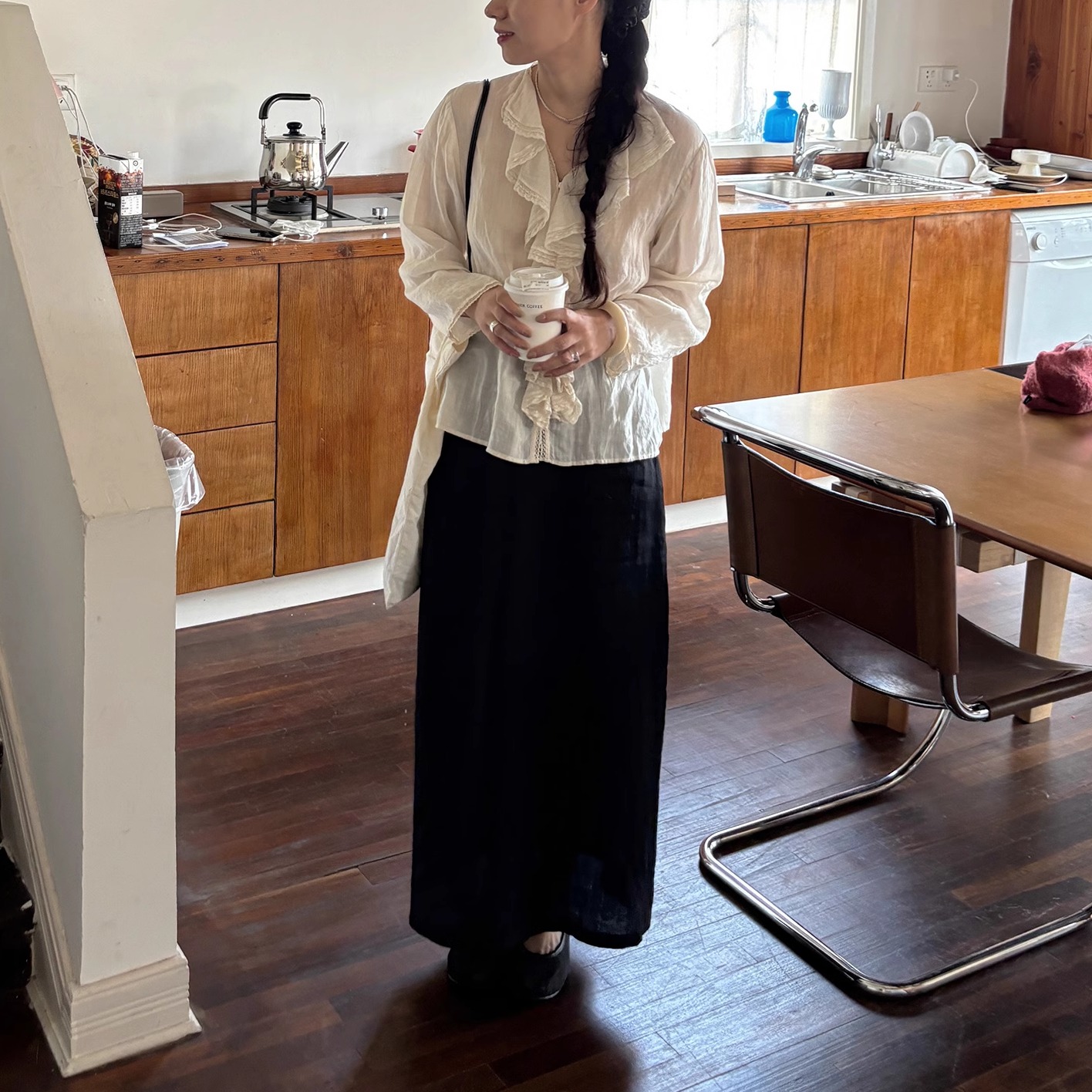 AULDCAT松紧腰后开叉亚麻半裙