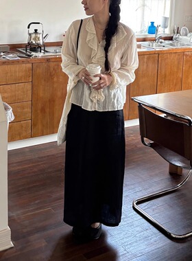 AULDCAT 2024FW 松紧腰后开叉气质亚麻半身裙