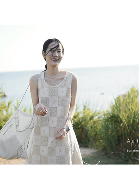 AULDCAT 2024SS 重工方格刺绣蕾丝拼接连衣裙 纯棉日系长裙背心裙