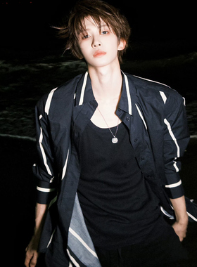 刘宇同款黑色外搭线条长袖衬衫简约休闲宽松衬衣外套百搭开衫上衣