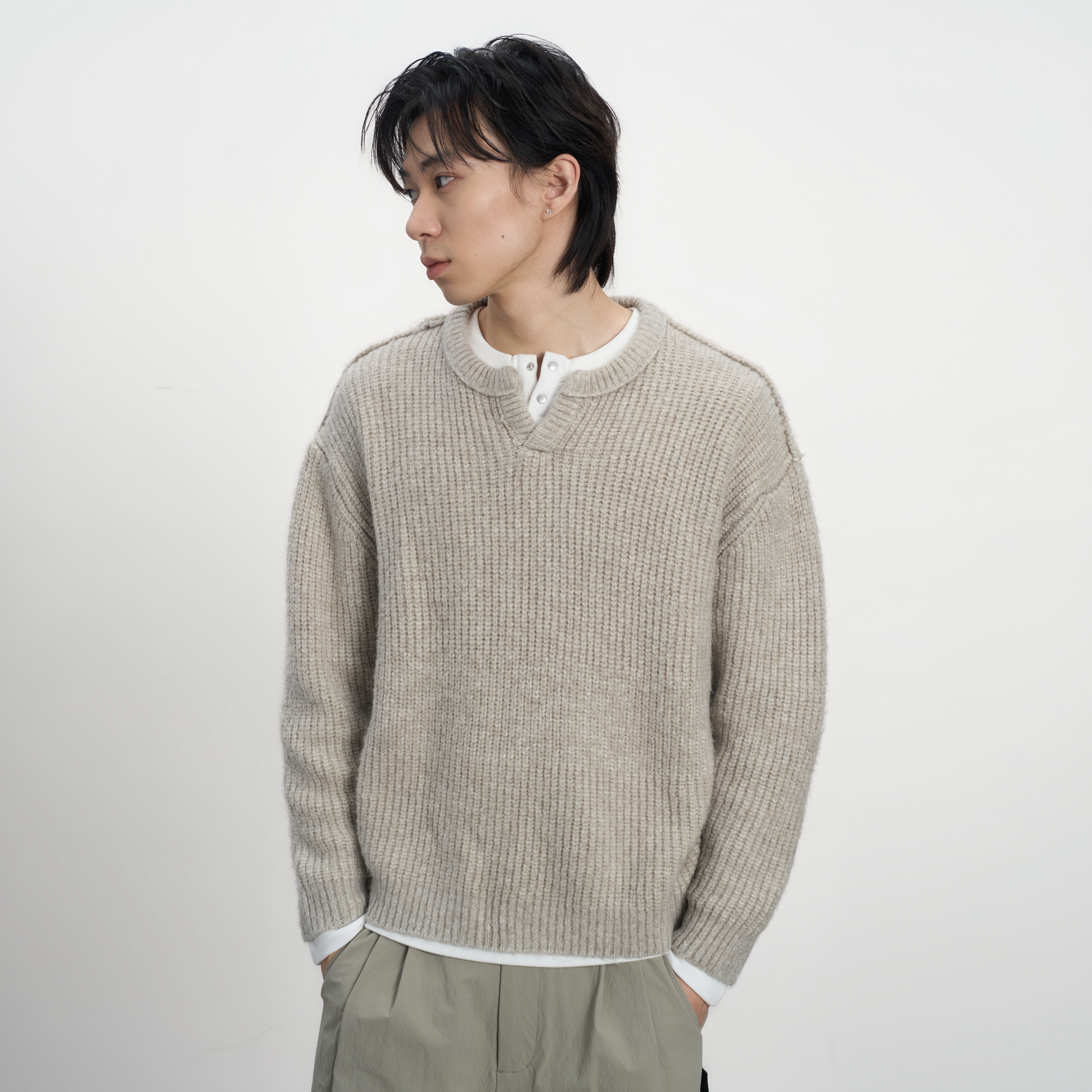 CONTRAFIEND 「亨利领」羊毛混纺松弛针织衫毛衣宽松落肩套头上衣