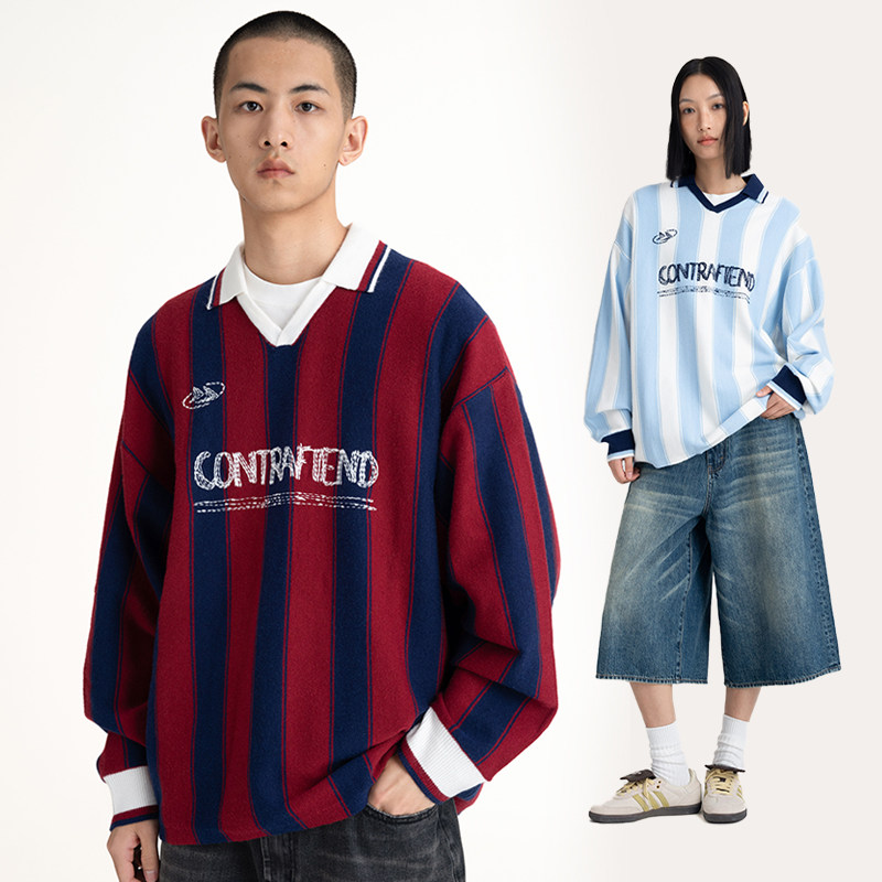 CONTRAFIEN手绘巴萨复古条纹毛衣秋冬松弛运动宽松翻领球衣针织衫