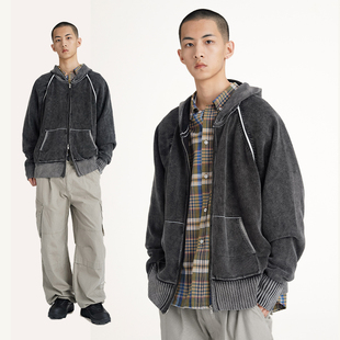 CONTRAFIEND24AW秋冬水洗做旧cleanfit拉链连帽男毛衣保暖针织衫