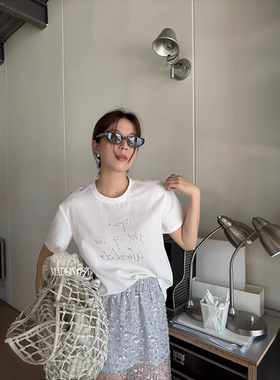 MADEINOST重工字母钉珠圆领短袖T恤春夏新款时尚休闲百搭灰色上衣