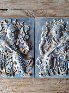 中式金砖青砖秦砖汉瓦当宣纸拓片尉迟敬德秦叔宝年画门神砖雕摆件