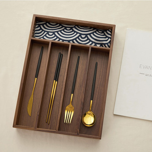 日式实木收纳盒北美黑胡桃木西餐具筷子刀叉收纳杂物内衣整理