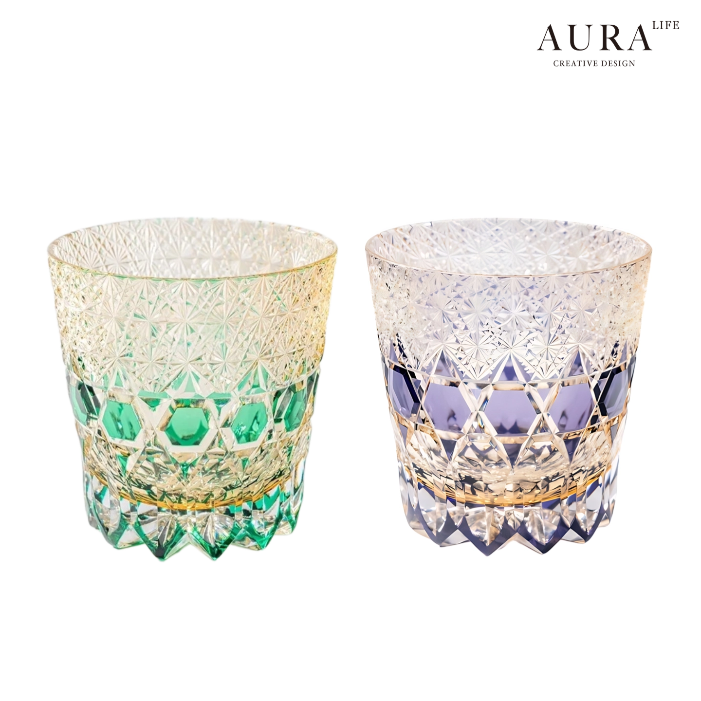 AURA'S紫莹石江户切子纯手工雕刻威士忌酒杯水晶玻璃杯洋酒杯