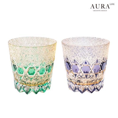 AURA'S紫莹石江户切子纯手工雕刻威士忌酒杯水晶玻璃杯洋酒杯