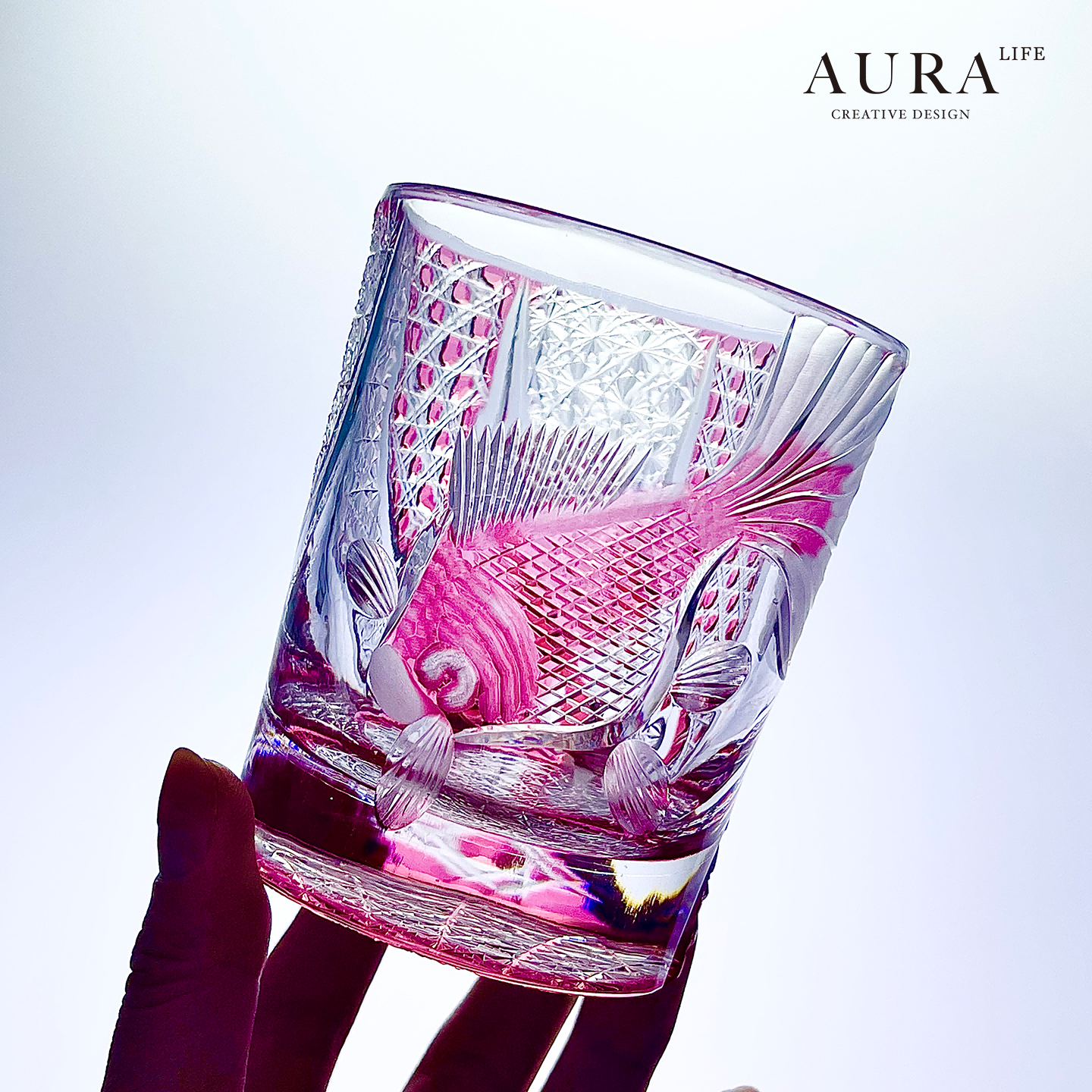 AURA'S江户切子红金鱼手工雕刻个性金红水晶杯威士忌酒杯礼物杯
