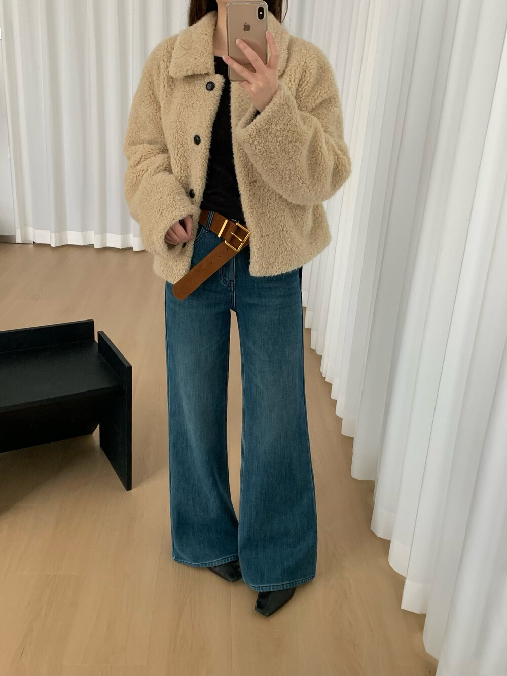 XINBORONG正品韩国复合弹力牛仔裤女冬款高腰显瘦微喇长裤F89013