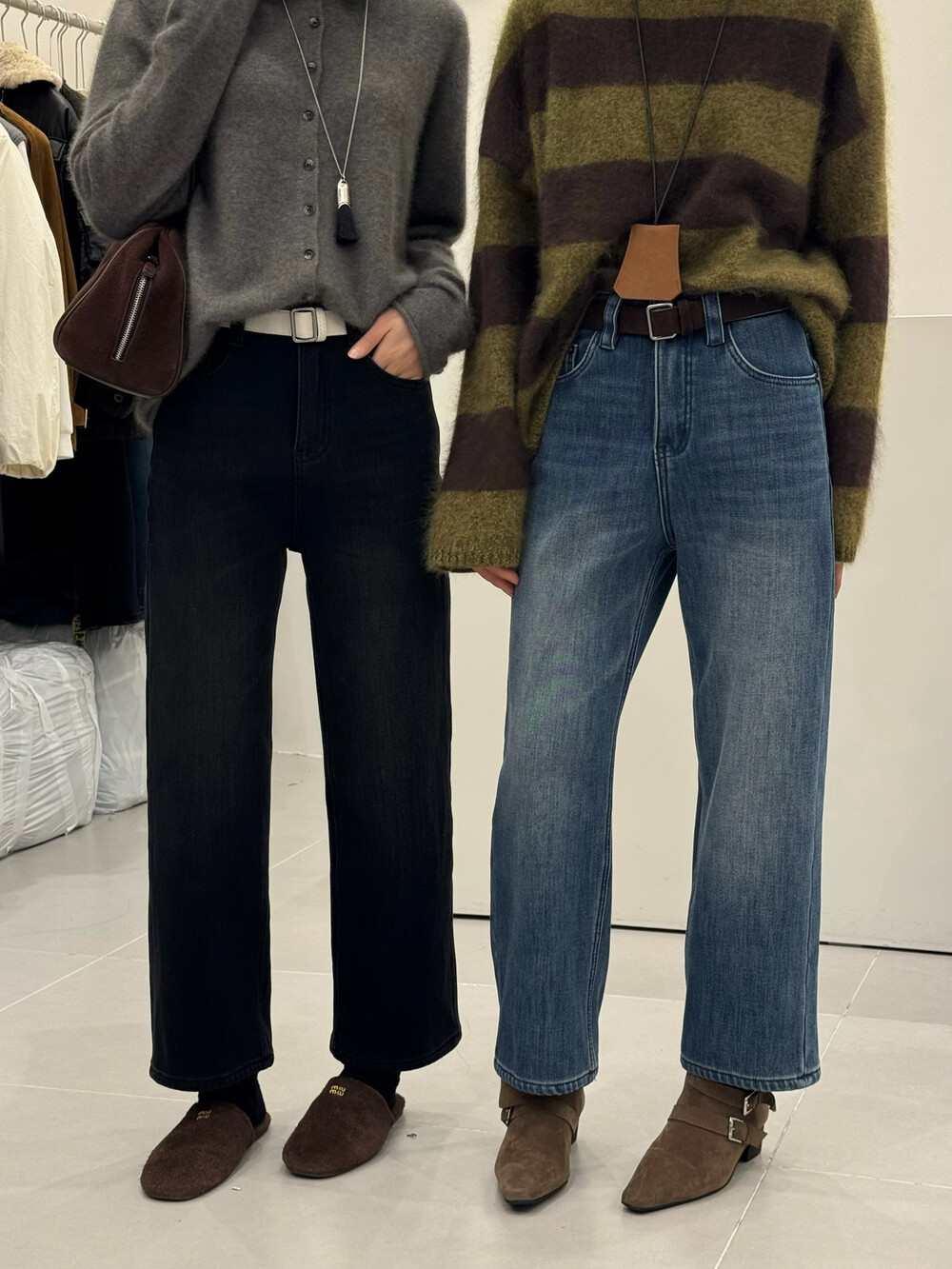 专柜同款正品韩国BUT50018秋冬大烟管四面弹力加厚加绒复合牛仔裤