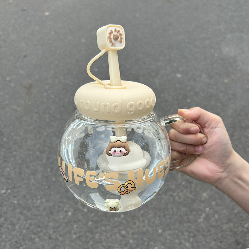 矮胖大肚水杯玻璃杯女生2025新款高颜值吸管杯带盖办公室泡茶杯子