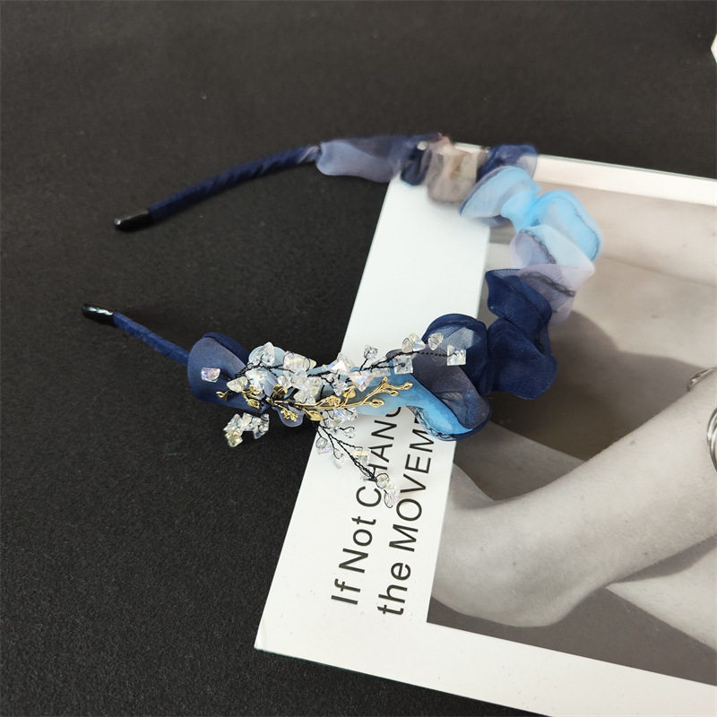 蓝色发箍女夏天高级感欧根纱大肠头箍压发水晶发窟不勒头仙美发饰