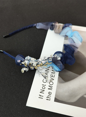 蓝色发箍女夏天高级感欧根纱大肠头箍压发水晶发窟不勒头仙美发饰