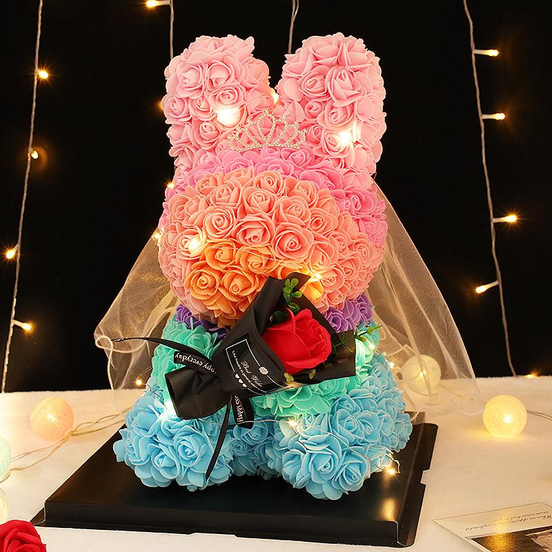 520七夕节礼物永生花兔子玩偶送女友生日同款创意摆件玫瑰熊