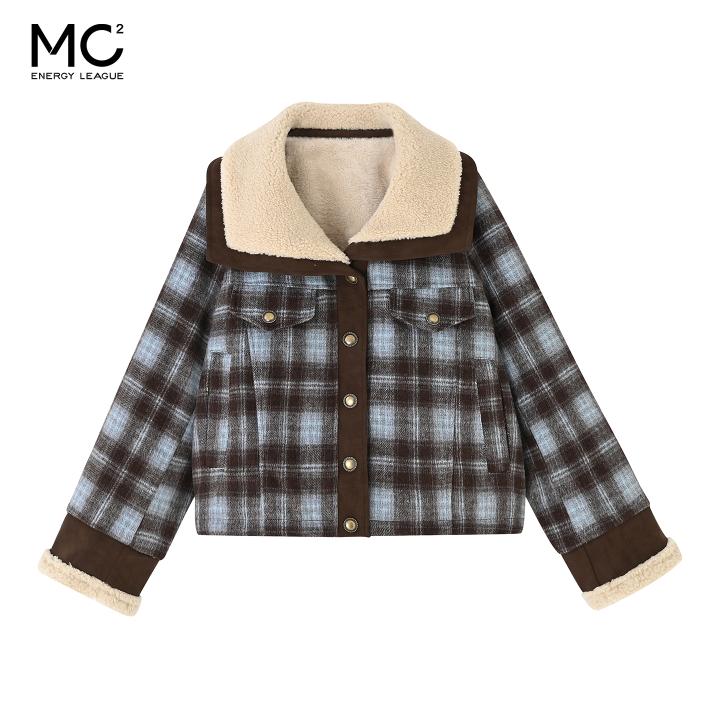 女装拼毛翻领格子加绒外套