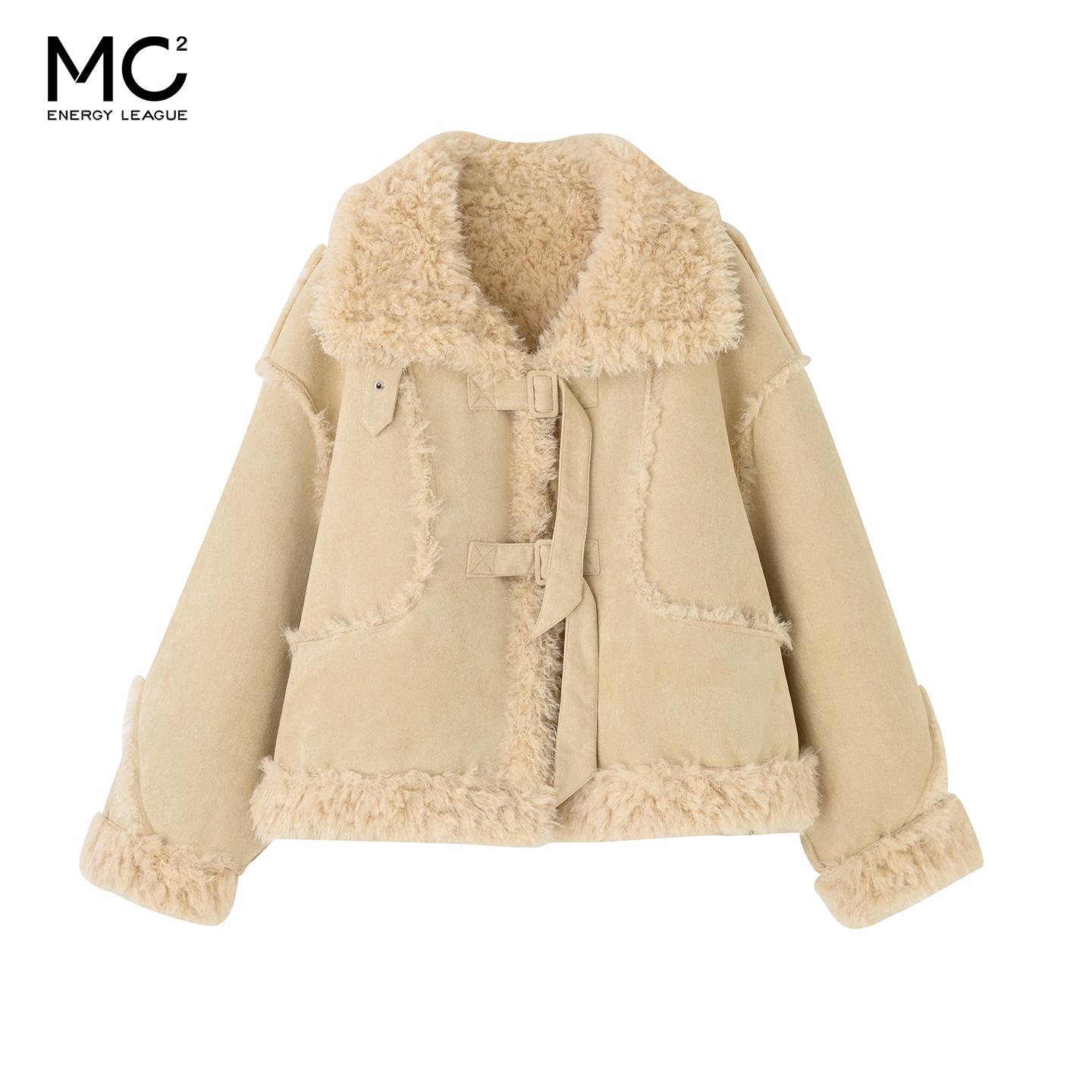 女装大翻领皮袢复合卷毛外套