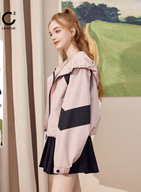 mc2拼色连帽夹克外套女装春秋季新款粉色韩版复古工装风宽松舒适