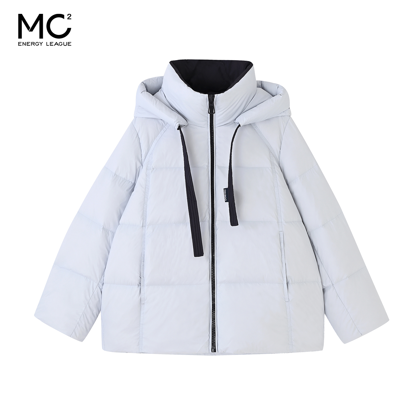 女装连帽撞色款袖子贴条羽绒服