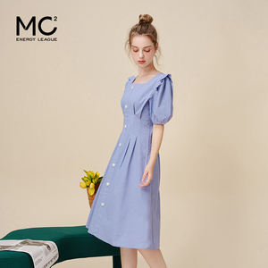 mc2紫色连衣裙女装夏法式温柔风方领爱心扣装饰收腰甜美裙子