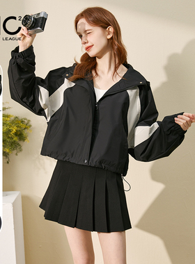 mc2连帽短款小外套女装2025秋新款黑色时尚拼色短款上衣小个子