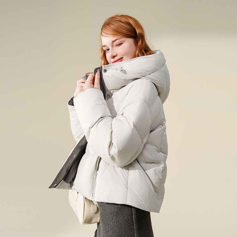 女装连帽下摆长拉链短款羽绒服