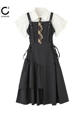 mc2黑色背带裙套装女夏学院风不规则设计感小个子收腰显瘦赠领带