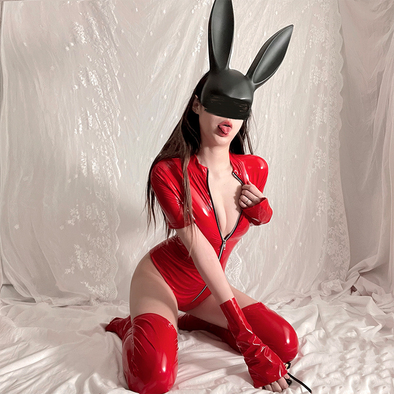 欧美拉链高弹力亮光漆皮内衣钢管舞夜店连体衣女夜店紧身