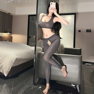 拉链开档冰丝瑜伽裤+背心薄透明打底裤九分免脱内衣套装