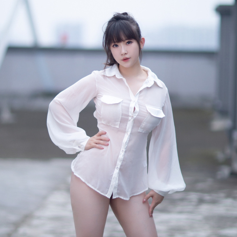 性感露背女装上衣超薄透视雪纺长袖防晒衫衬衫女修身开衫新款气质
