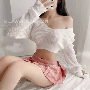 甜辣性感透视短款露脐长袖上衣撞色格子超短百褶半身裙制服两件套