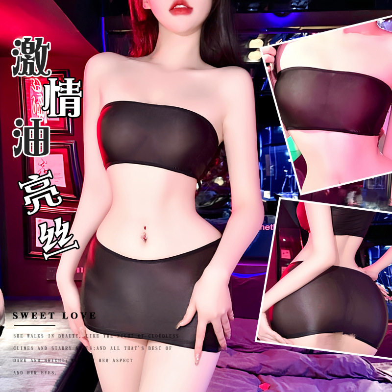 内衣瑟可思性感油亮光裹胸短裙套装透明薄款睡衣4214