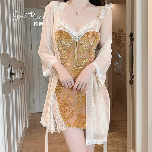 瑰若轻奢舒适丝绒睡衣甜美蕾丝深V聚拢加胸垫睡裙外袍女套装5960