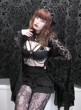 CF25048暗黑哥特风新中式植绒罩衫 2025新款喇叭袖蕾丝暗黑小开衫